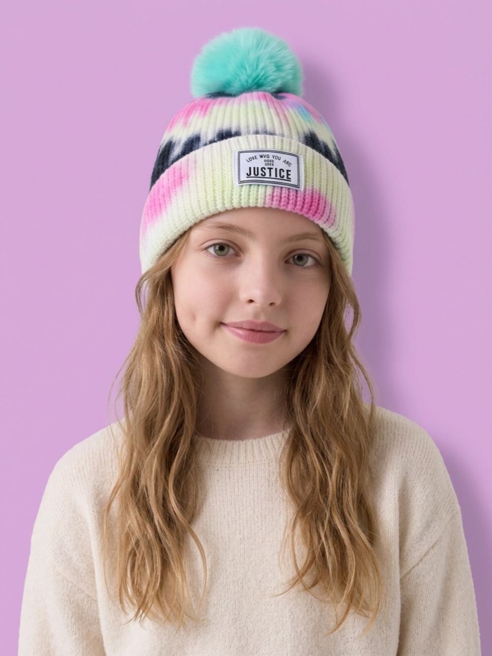 "Justice" Tie‑Dye Pom Beanie & Gloves Winter Set - (Brand-New)
